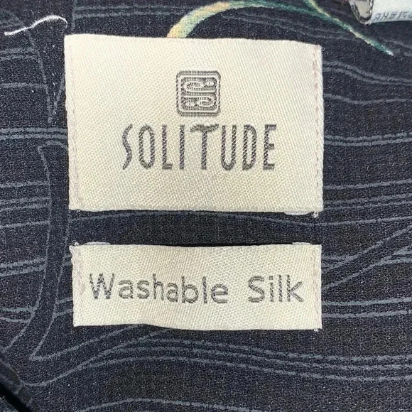 Solitude 100% Silk Hawaiian Shirt Washable Wooden Button Down Men’s Medium Black - Picture 4 of 7